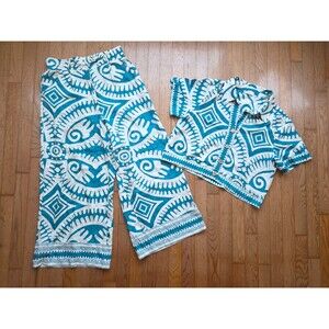 Haute Hippie Style Teal & White 2-Piece Set Shirt & Wide Leg Pants Women